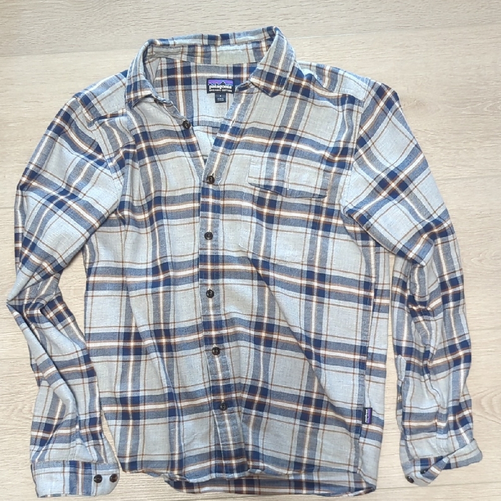 Patagonia Light Blue and Brown Plaid Shirt